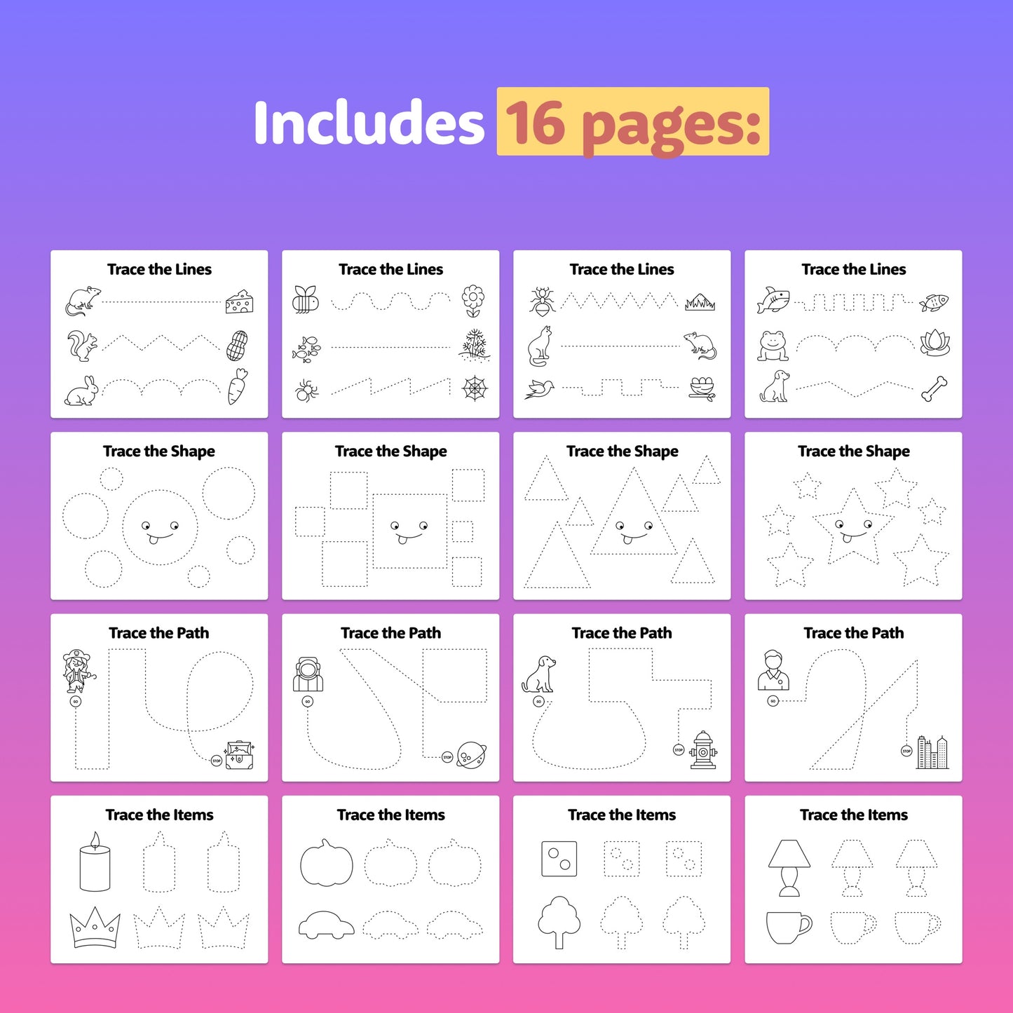 Chart showing 16 pages of pre-writing activities including tracing lines, shapes, and paths.
