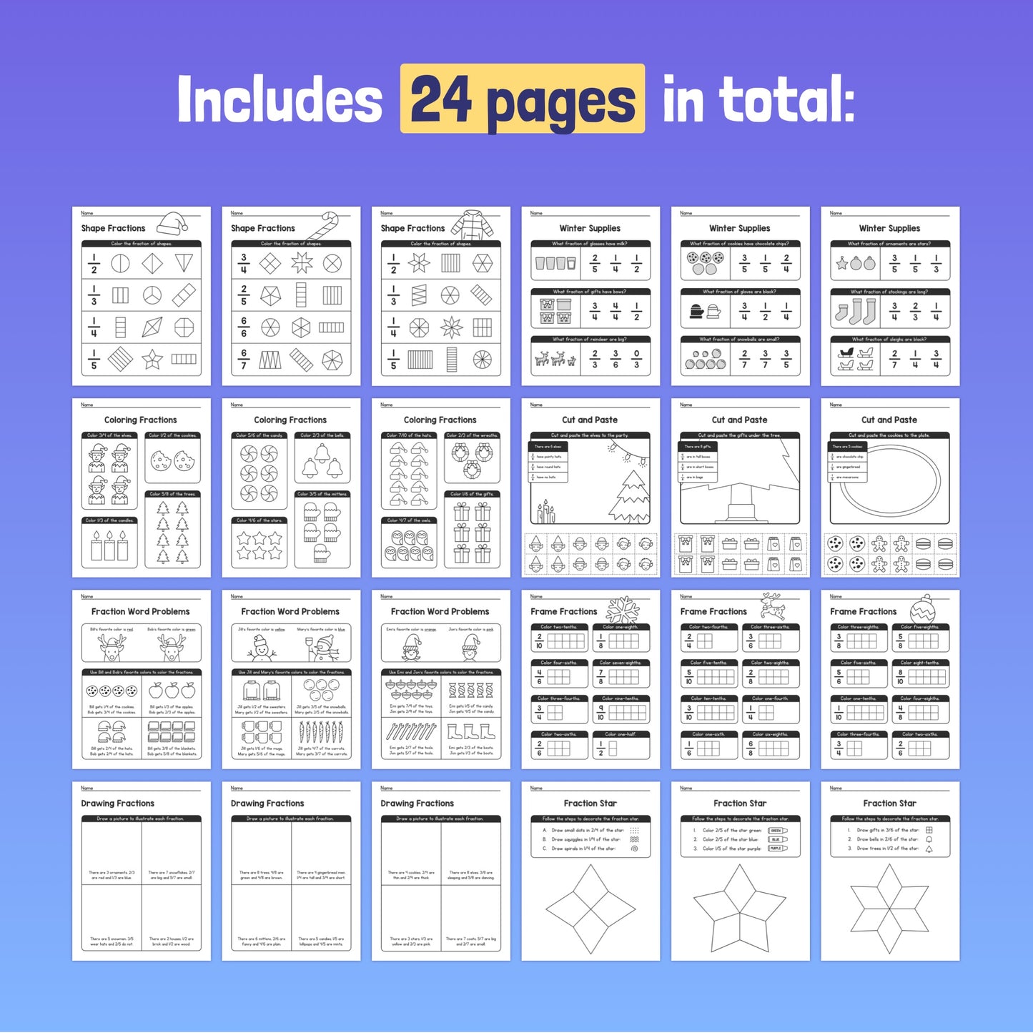 Thumbnail images of a 24-page booklet with Winter Fraction Worksheets.