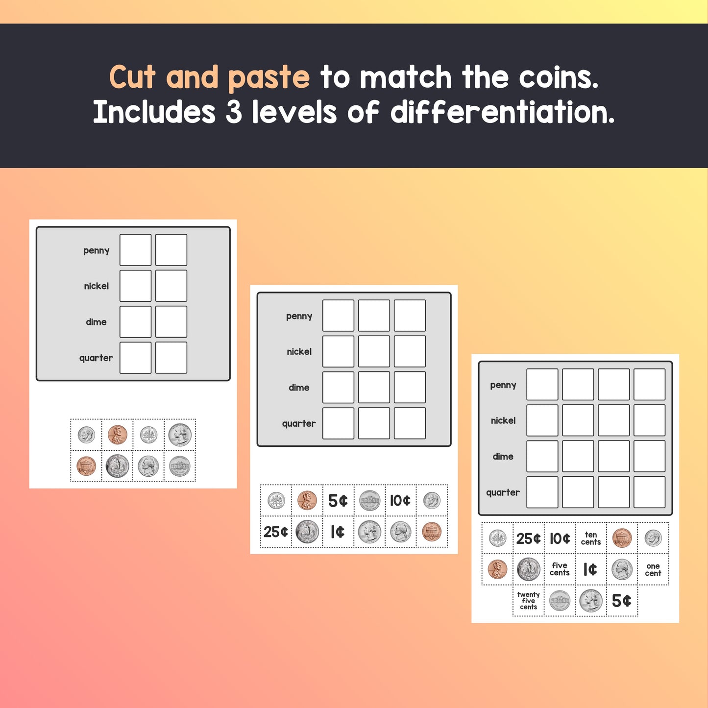 Coin identification worksheets
