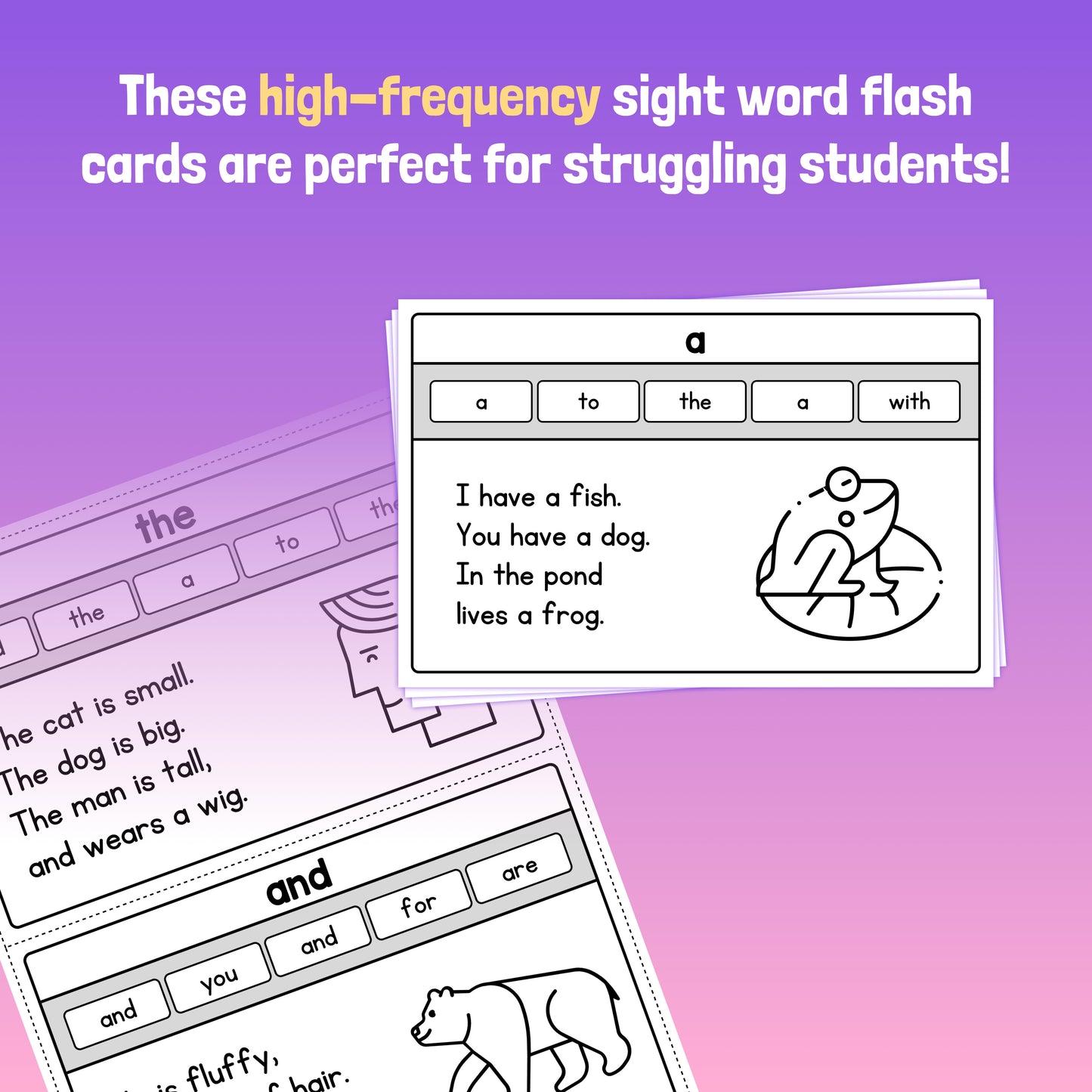 Sight word flash cards with high-frequency words, illustrations, and sentences.