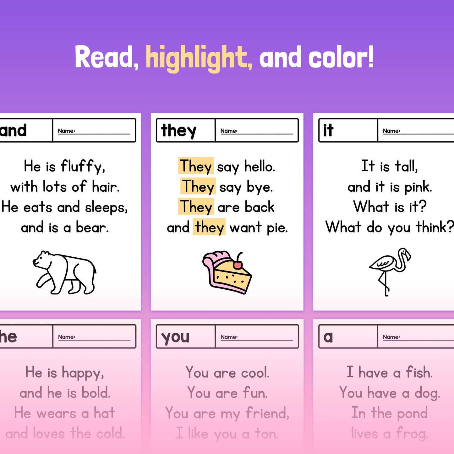 Practice reading flashcards with words and illustrations: 'and,' 'they,' 'it,' 'he,' 'you,' 'a.'