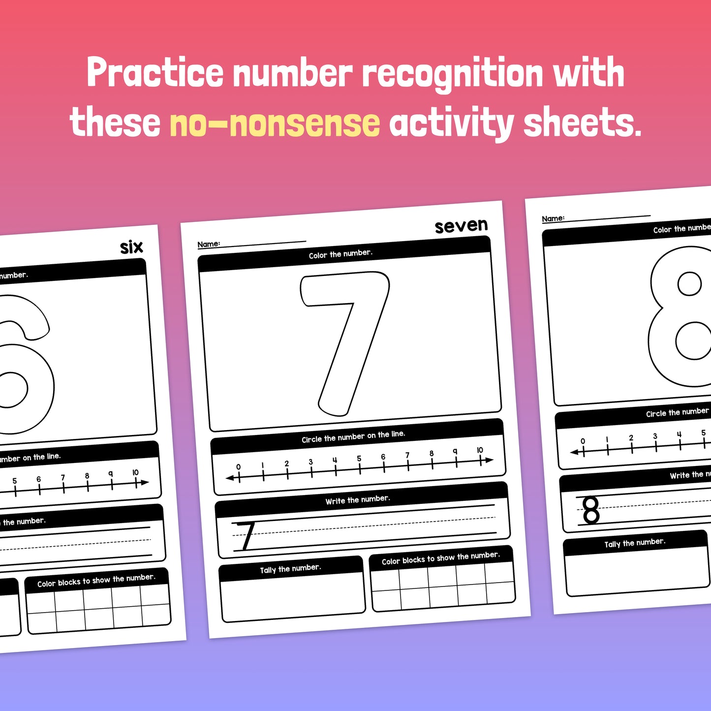 Number recognition activity sheets for numbers 6, 7, and 8.