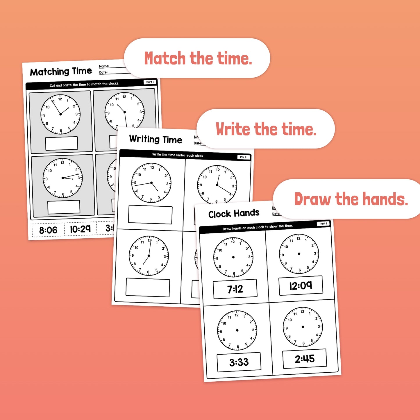 Three worksheets for telling time to the minute with matching, writing, and drawing tasks.