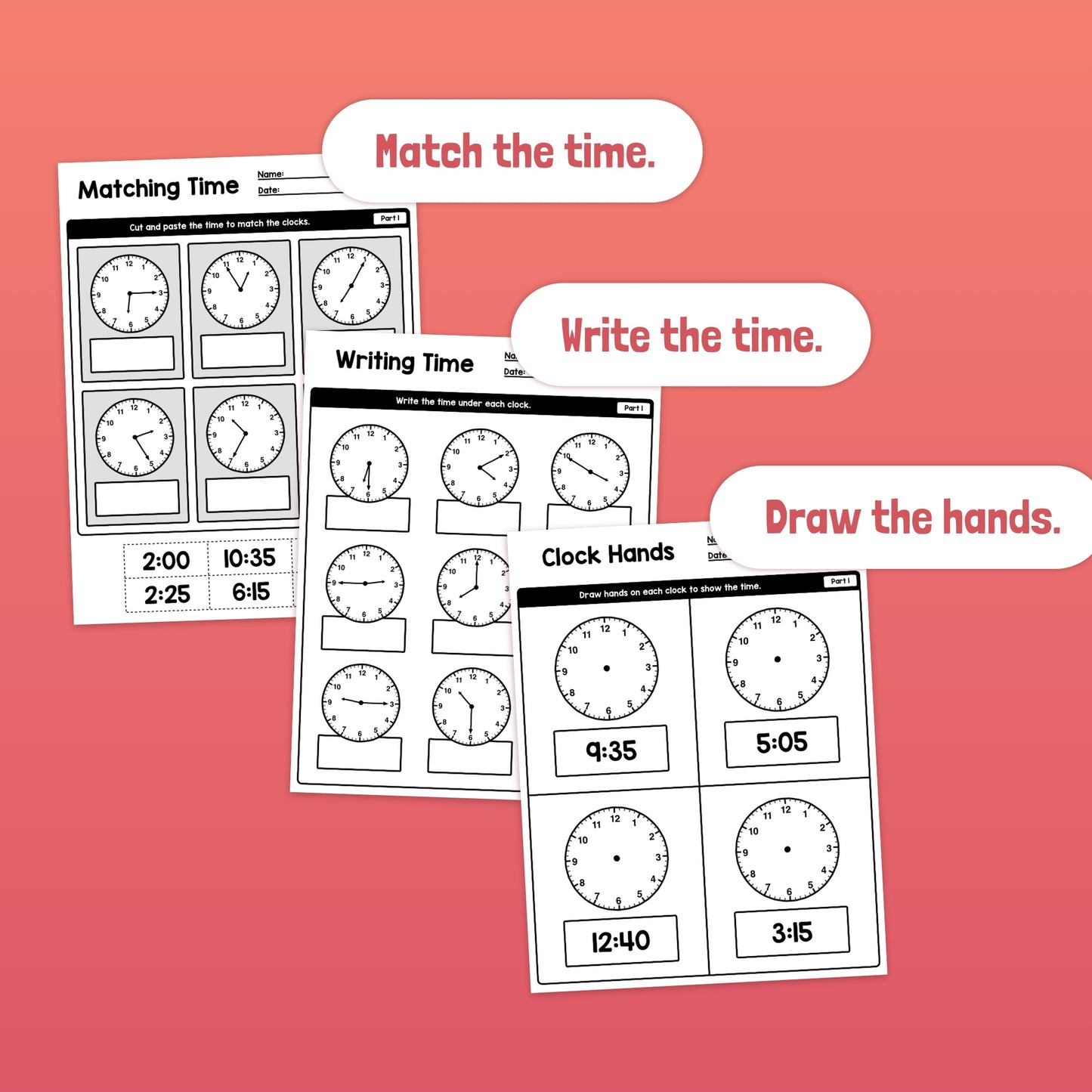 Worksheets with clock exercises for telling time to 5 minutes.