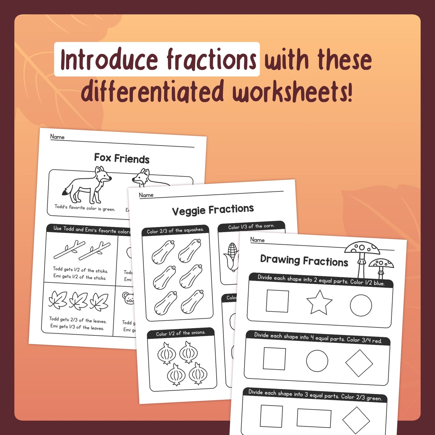 Differentiated 1st and 2nd grade fraction worksheets