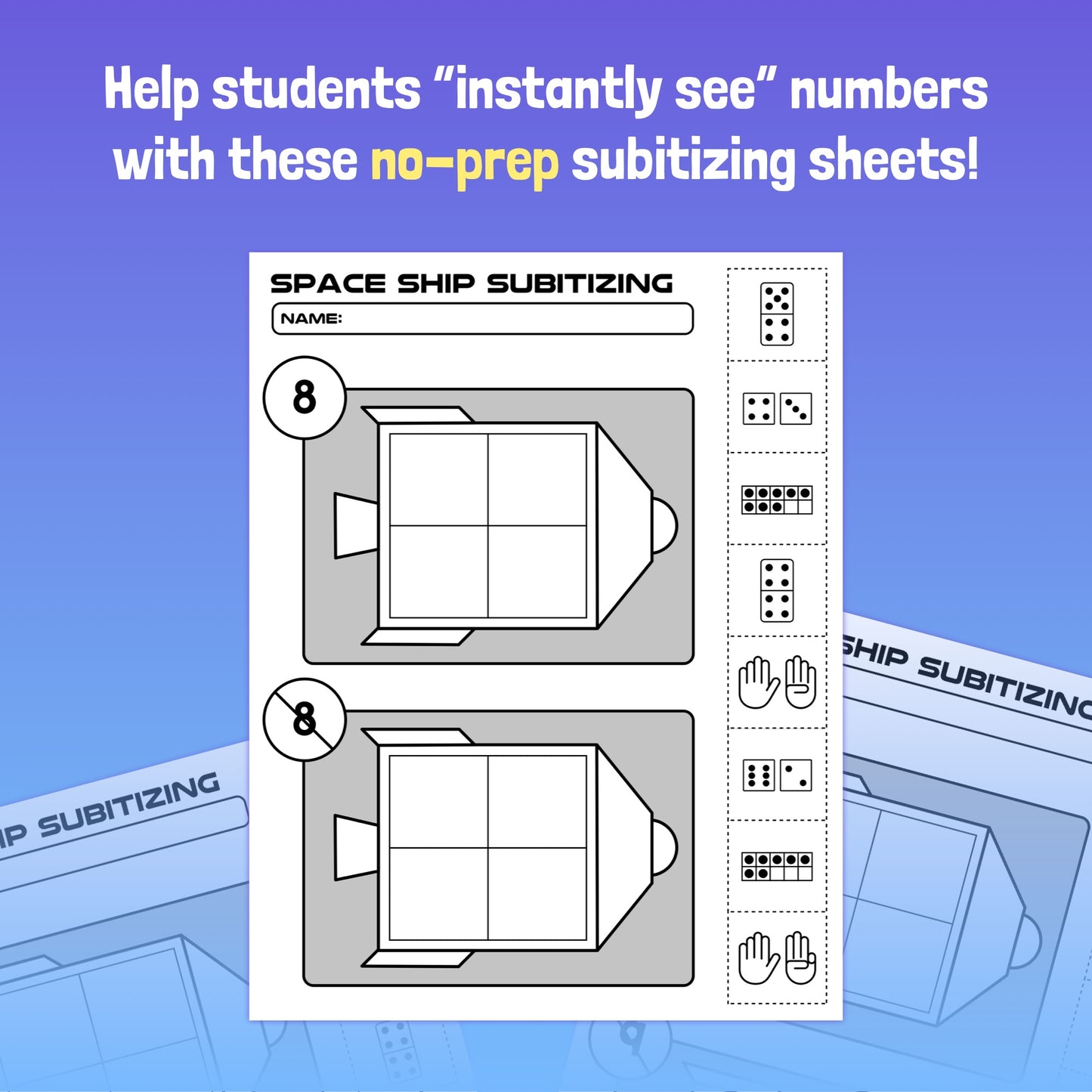 Space ship-themed subitizing worksheets with spaceship illustrations and dice numbers.