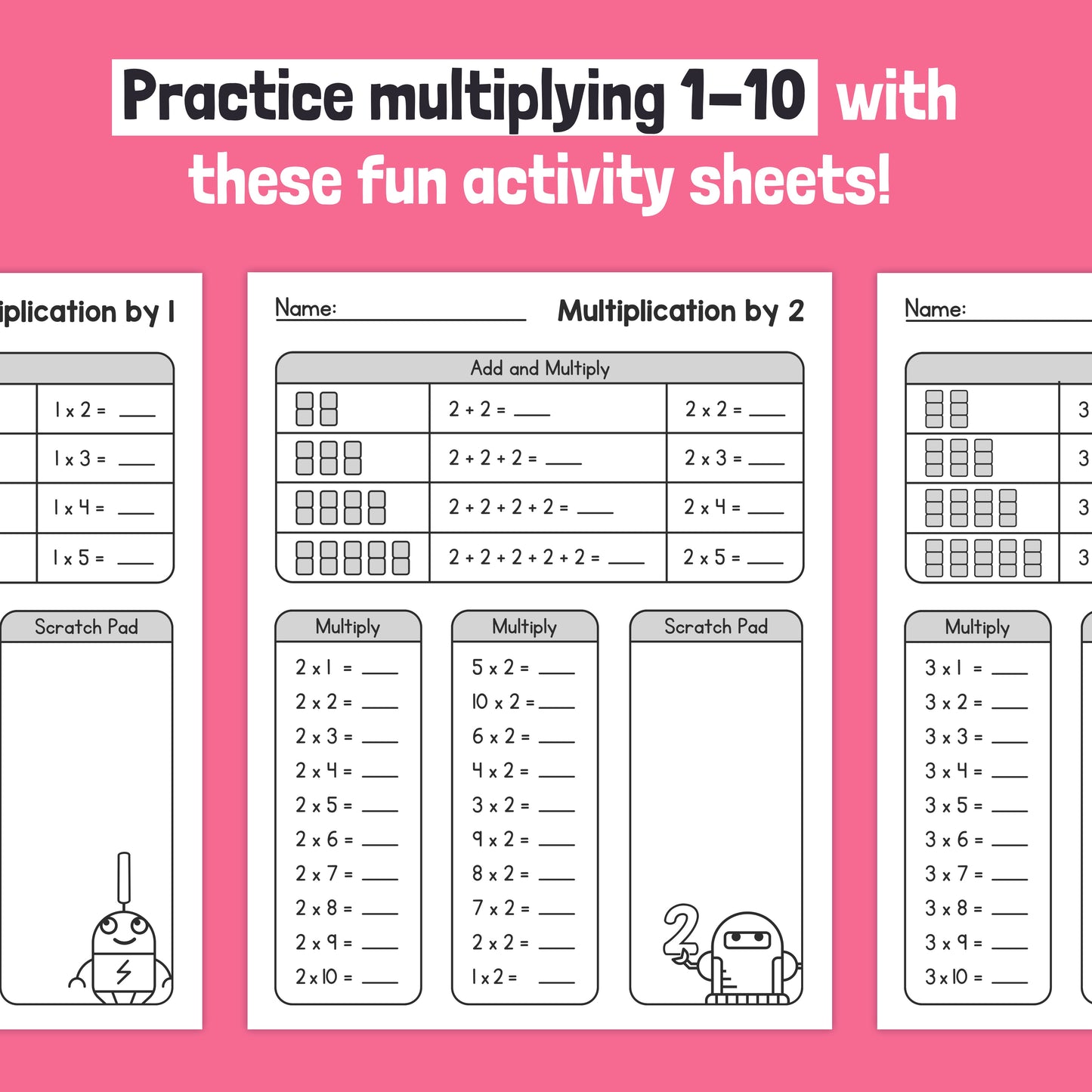 Three Robot Times Table Worksheets for practicing multiplication tables from 1 to 10.