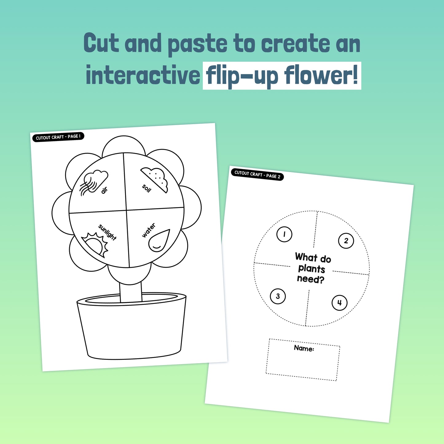 Two printable worksheets: one for coloring and cutting flower parts, another with plant questions.