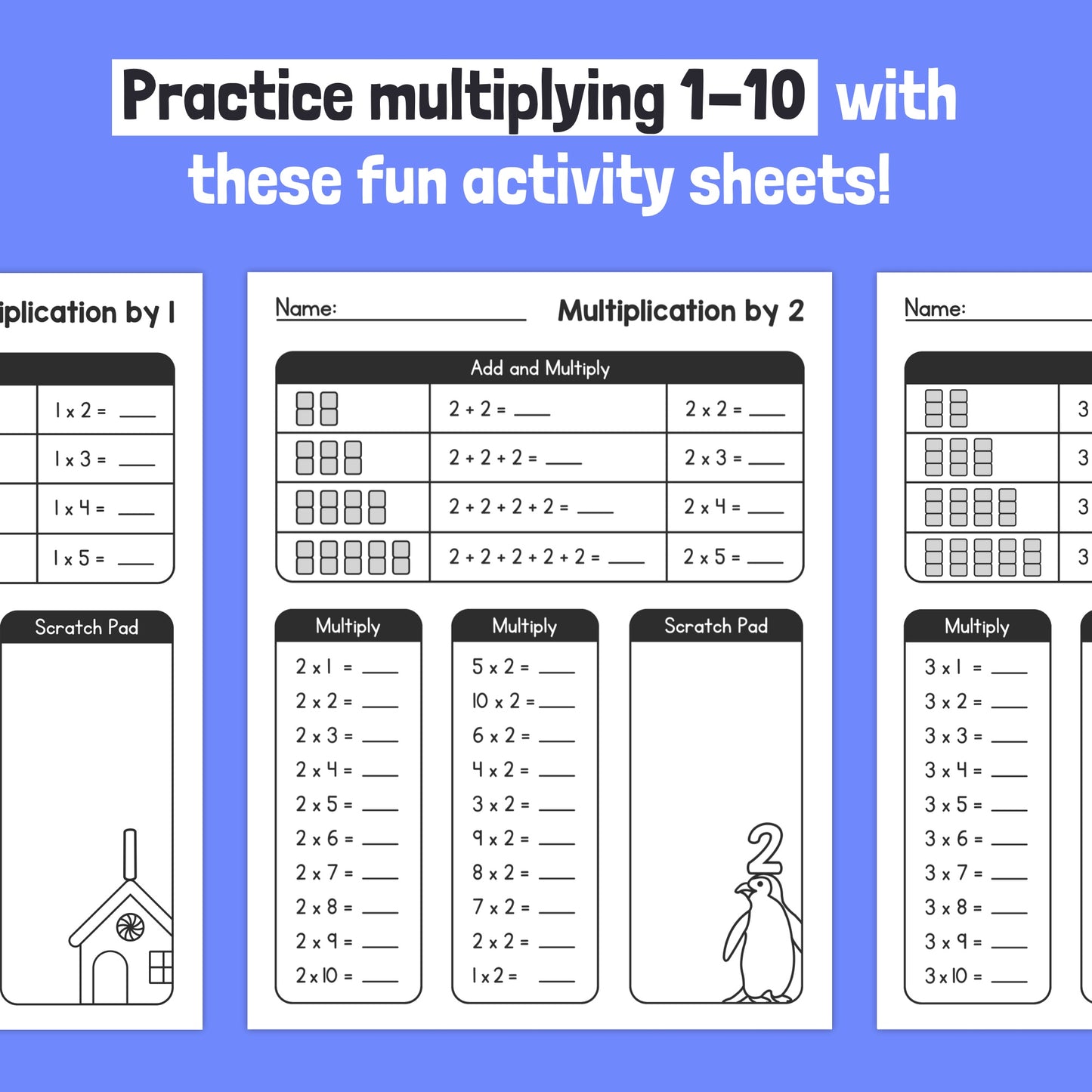 Three activities to practice 1-10 times tables.
