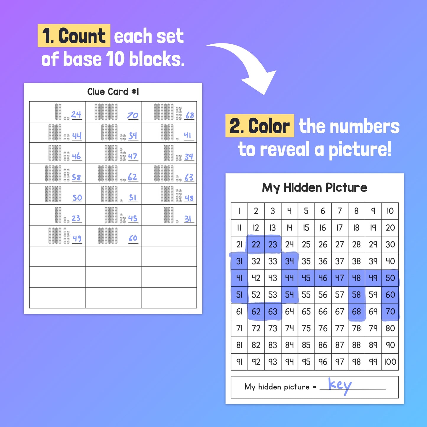 Instructions for a Place Value Hidden Picture activity using base 10 blocks and a color grid.