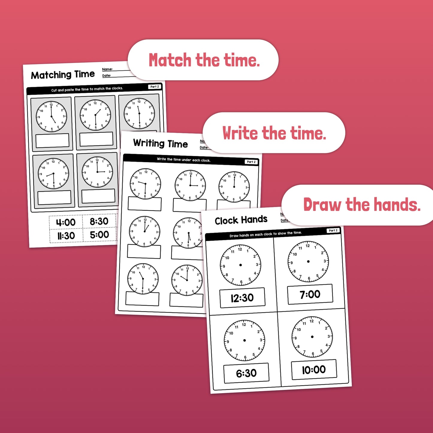 Three worksheets for telling time to 30 minutes: matching, writing, and drawing.
