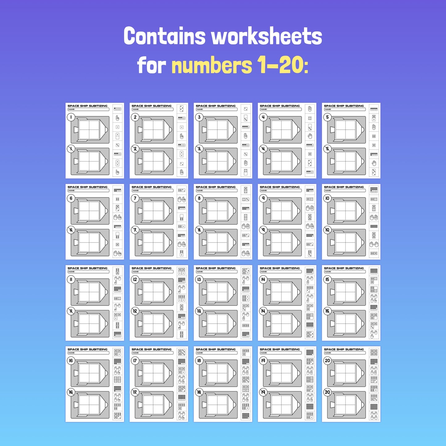 Space Ship Subitizing Worksheets numbered 1 to 20 with box diagrams.