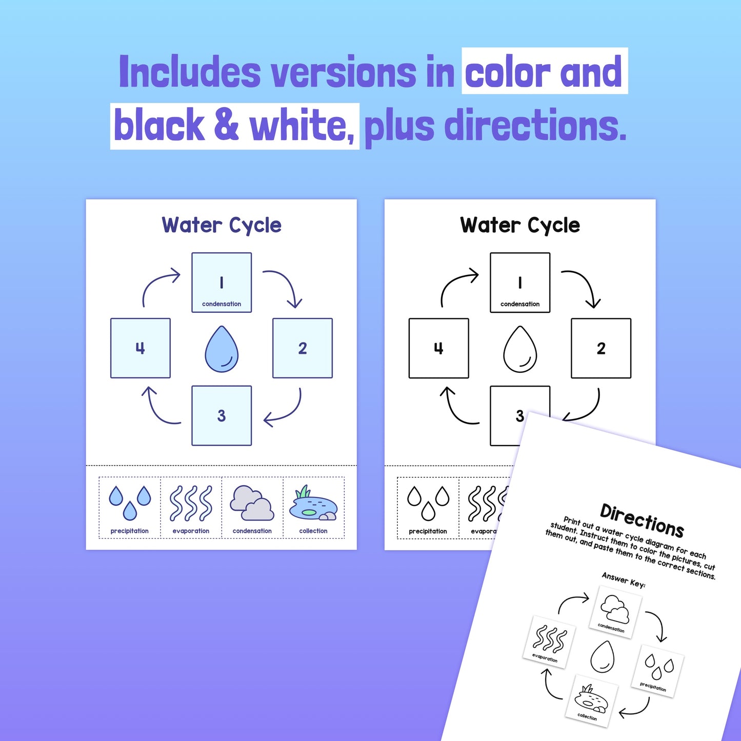 Water Cycle Worksheet with color and black-and-white versions, includes directions.