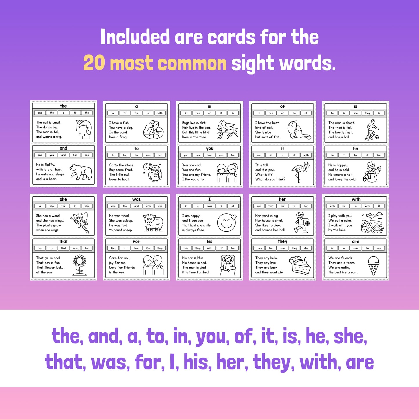 Sight Word Flash Cards with 20 common sight words and illustrations.