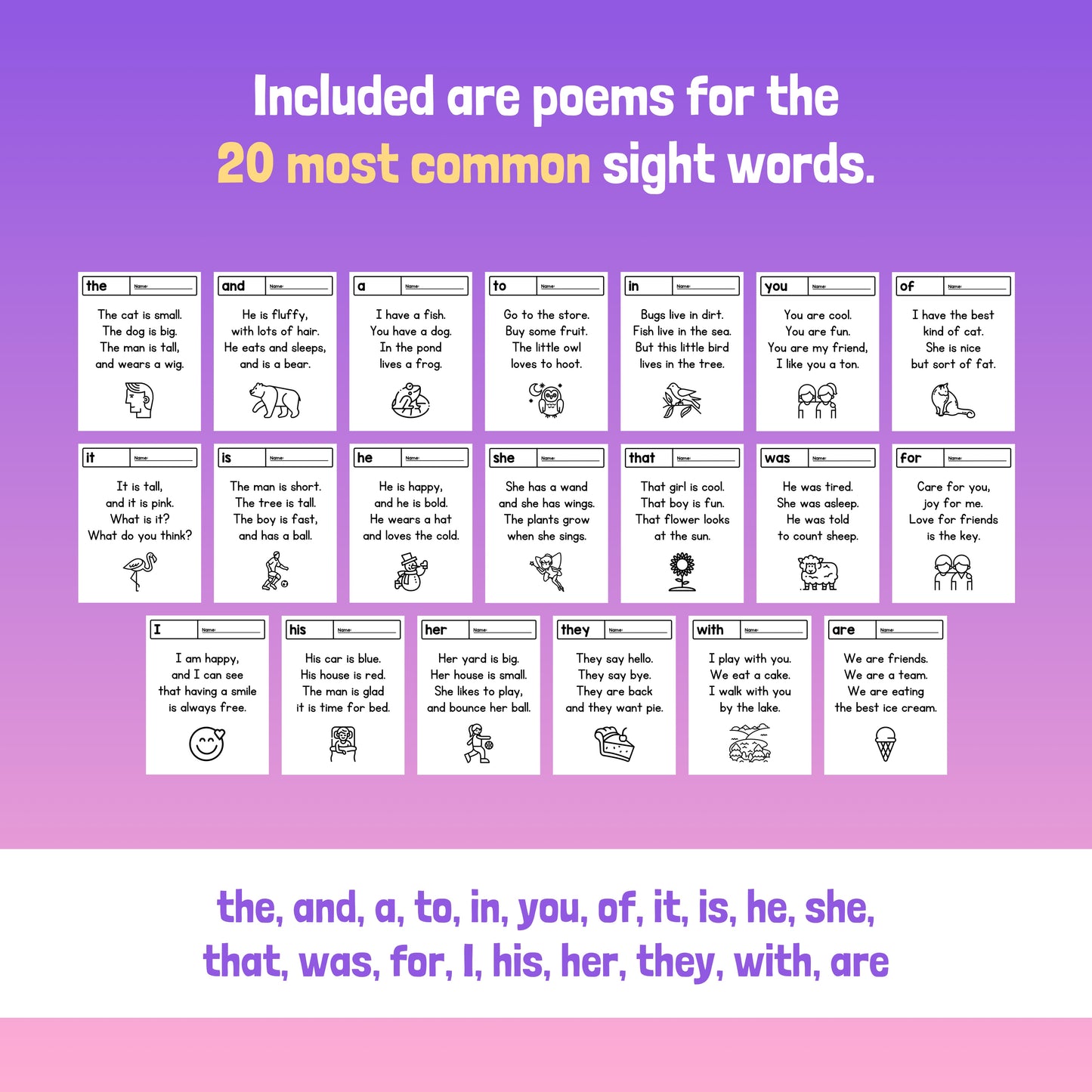Grid of flashcards titled "Sight Word Poems" with poems for 20 common sight words.