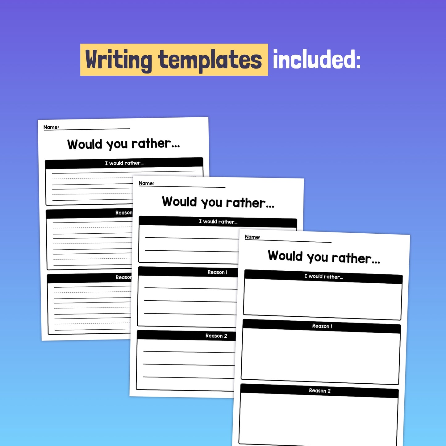 Three "Would you rather?" writing prompts on a plain background.