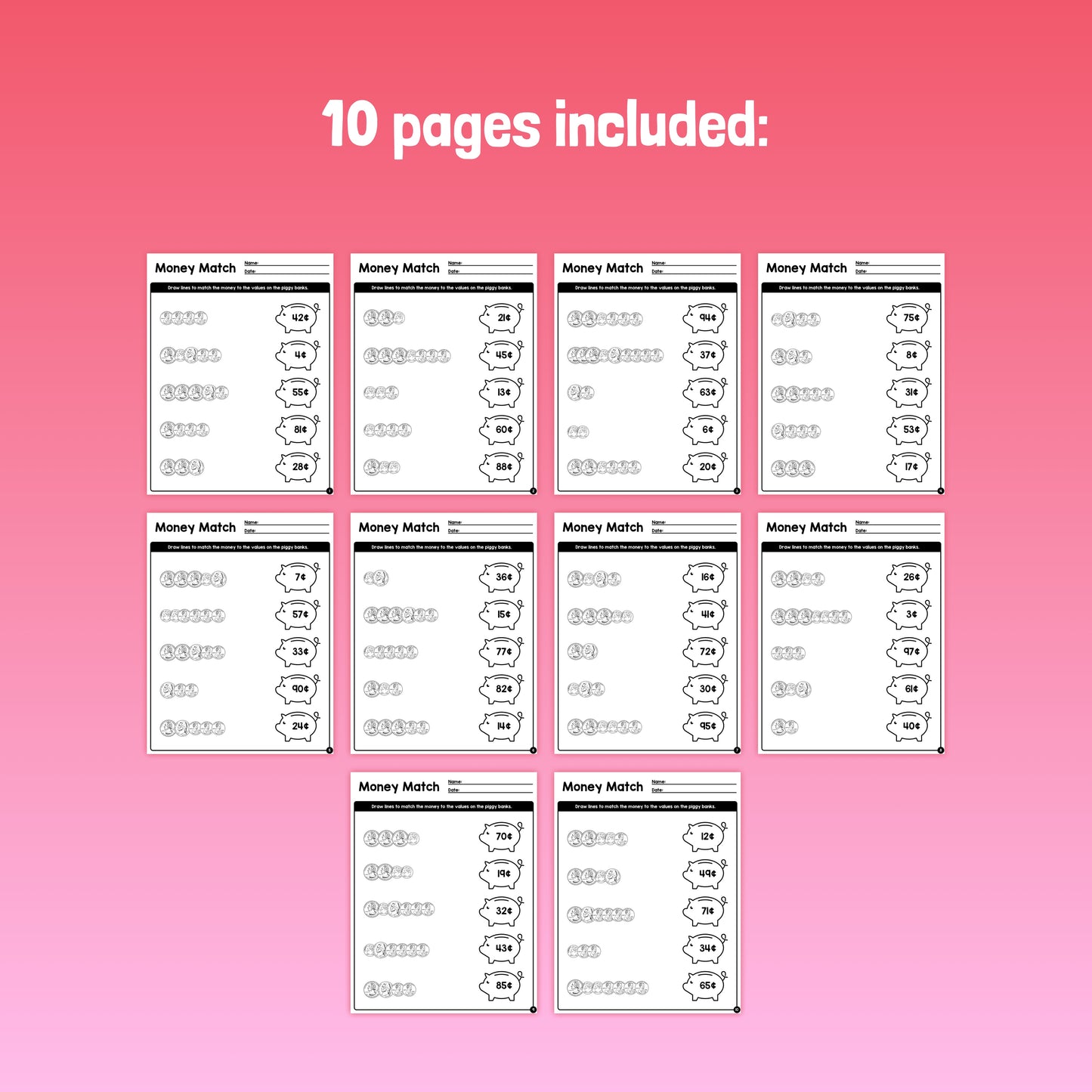 10 printable educational money match worksheets.