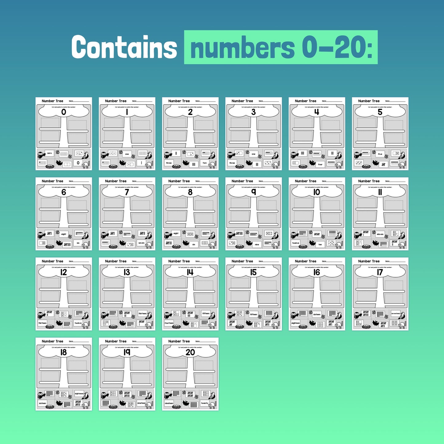 Number Tree Worksheets for numbers 0-20 displayed in a grid.