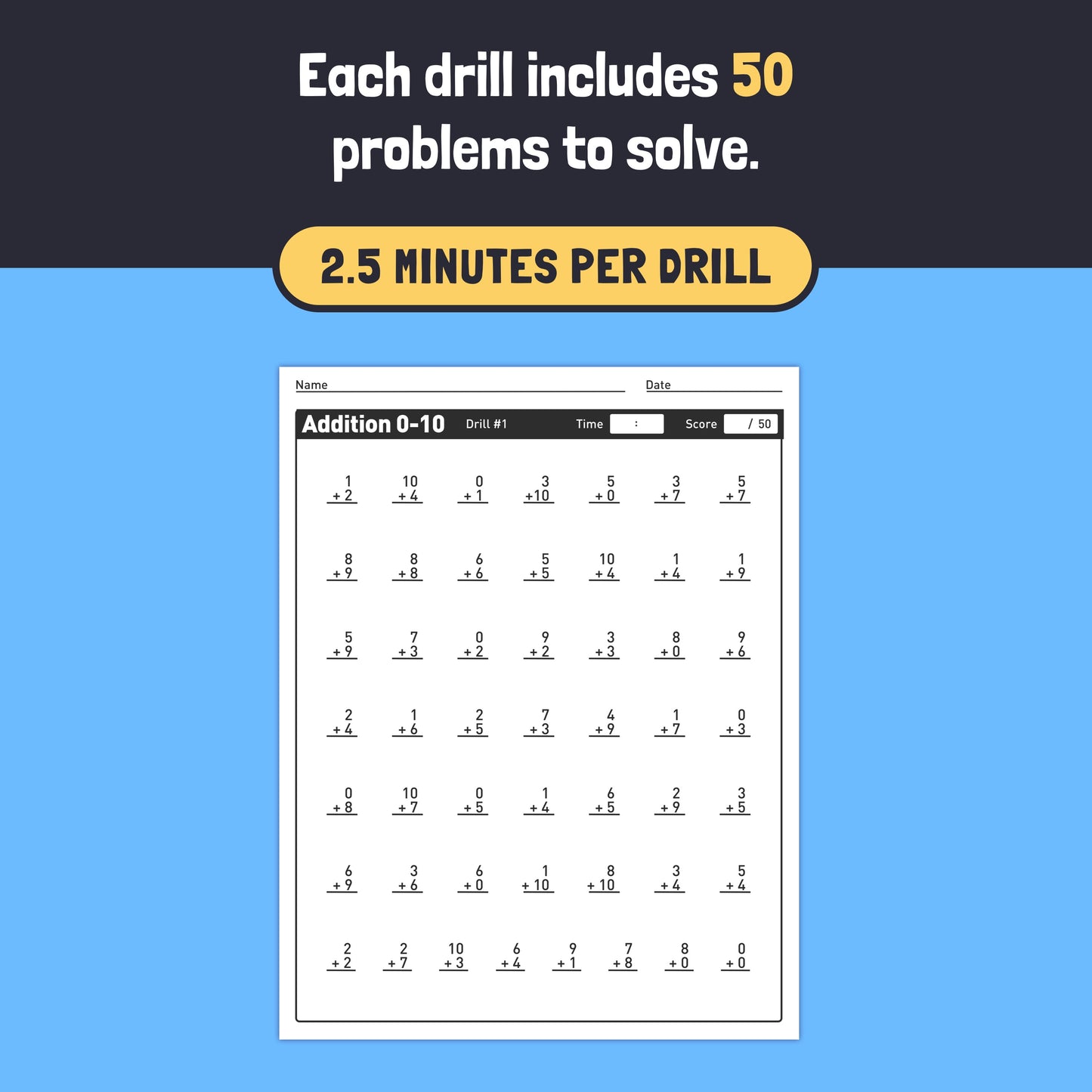Addition drills for kindergarten and 1st grade