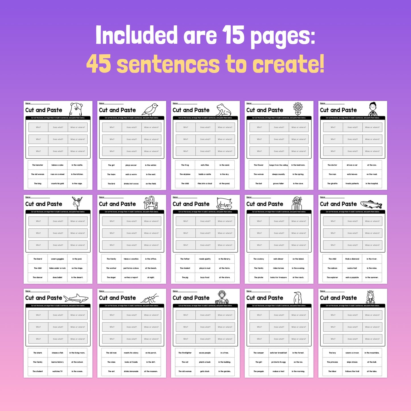15 pages of cut and paste activities to create 45 unique sentences.