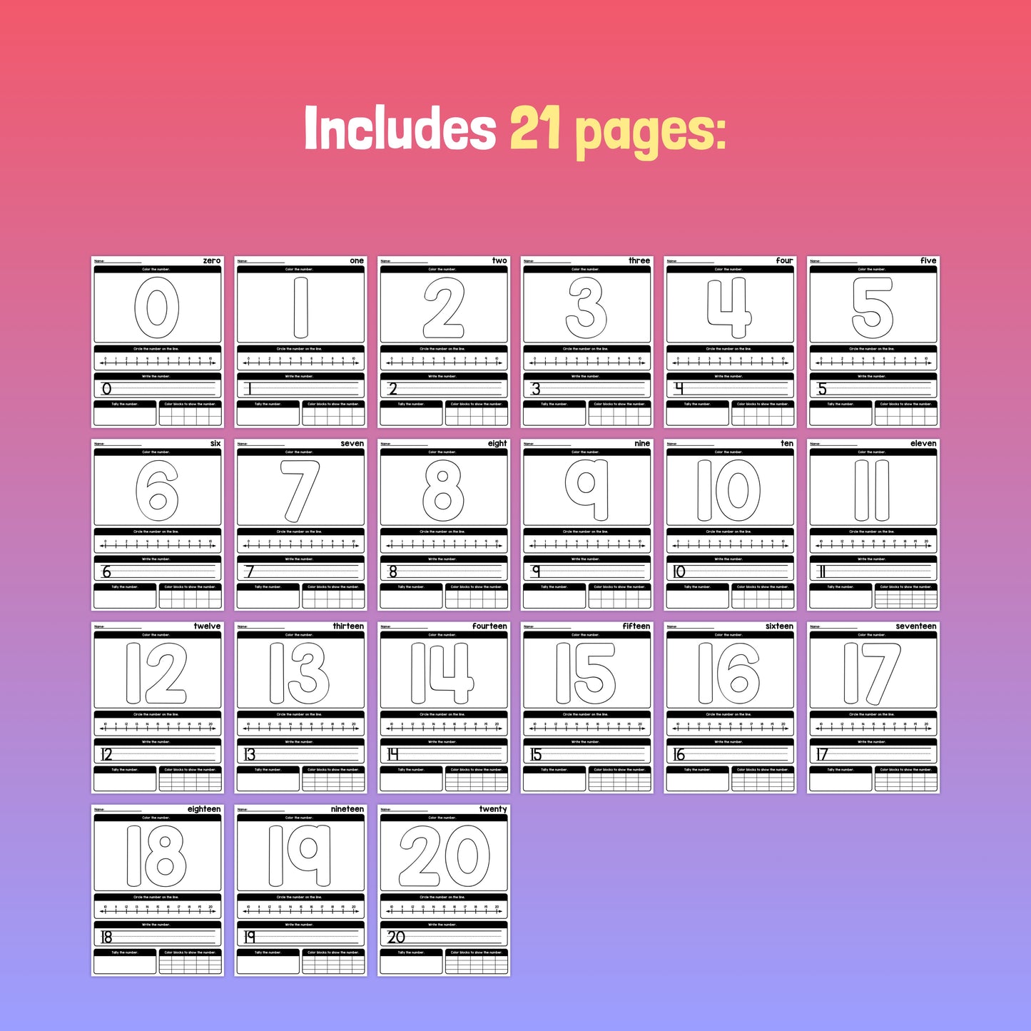A set of worksheets with 21 numbered tracing pages for practicing writing numbers 0-20.