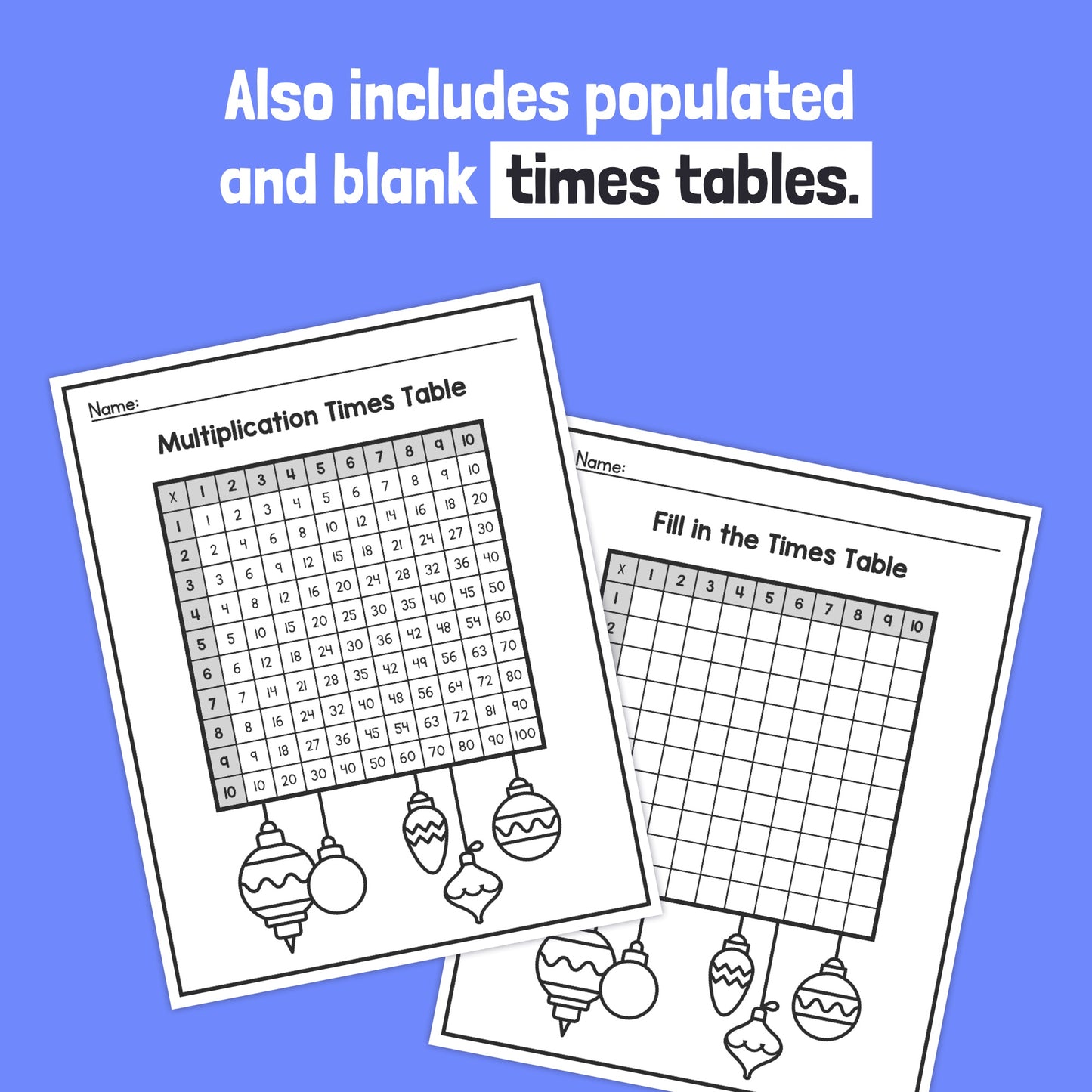 Two winter-themed times tables worksheets with holiday decorations.