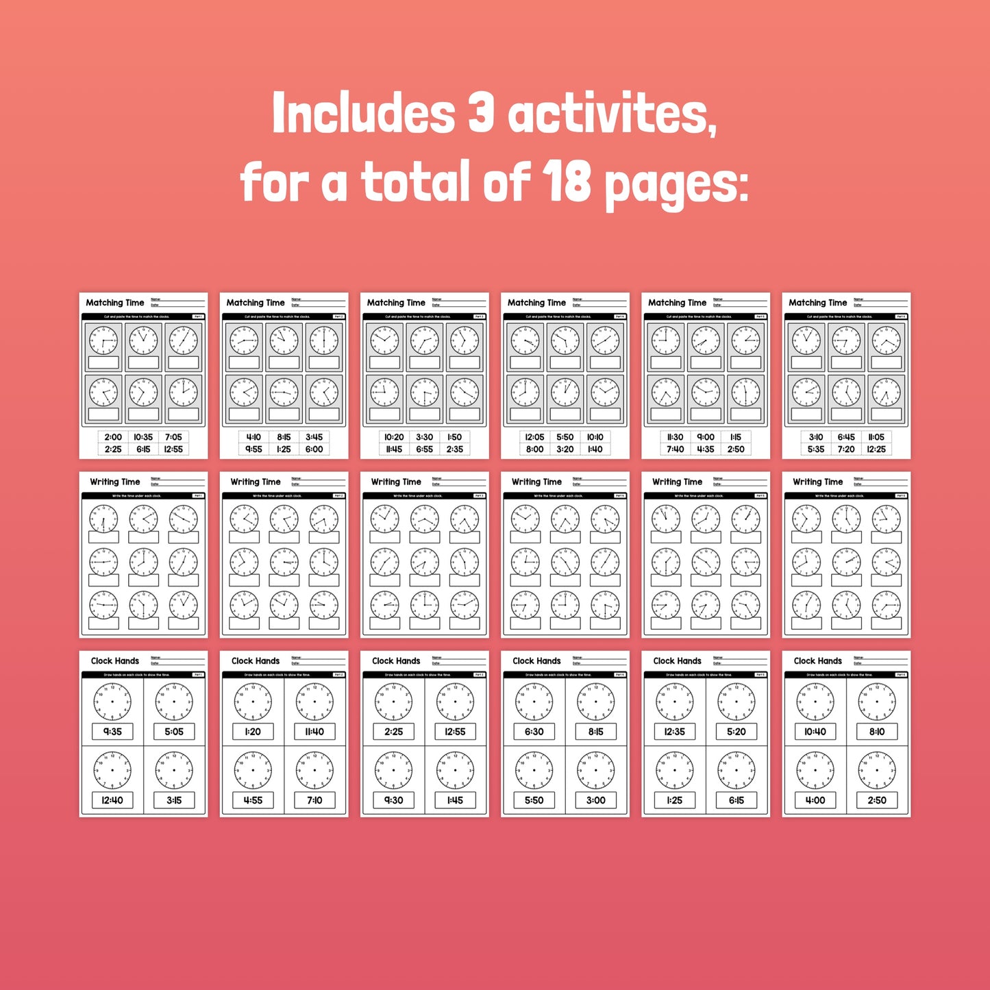 18 pages of clock activities: matching time, writing time, and identifying clock hands