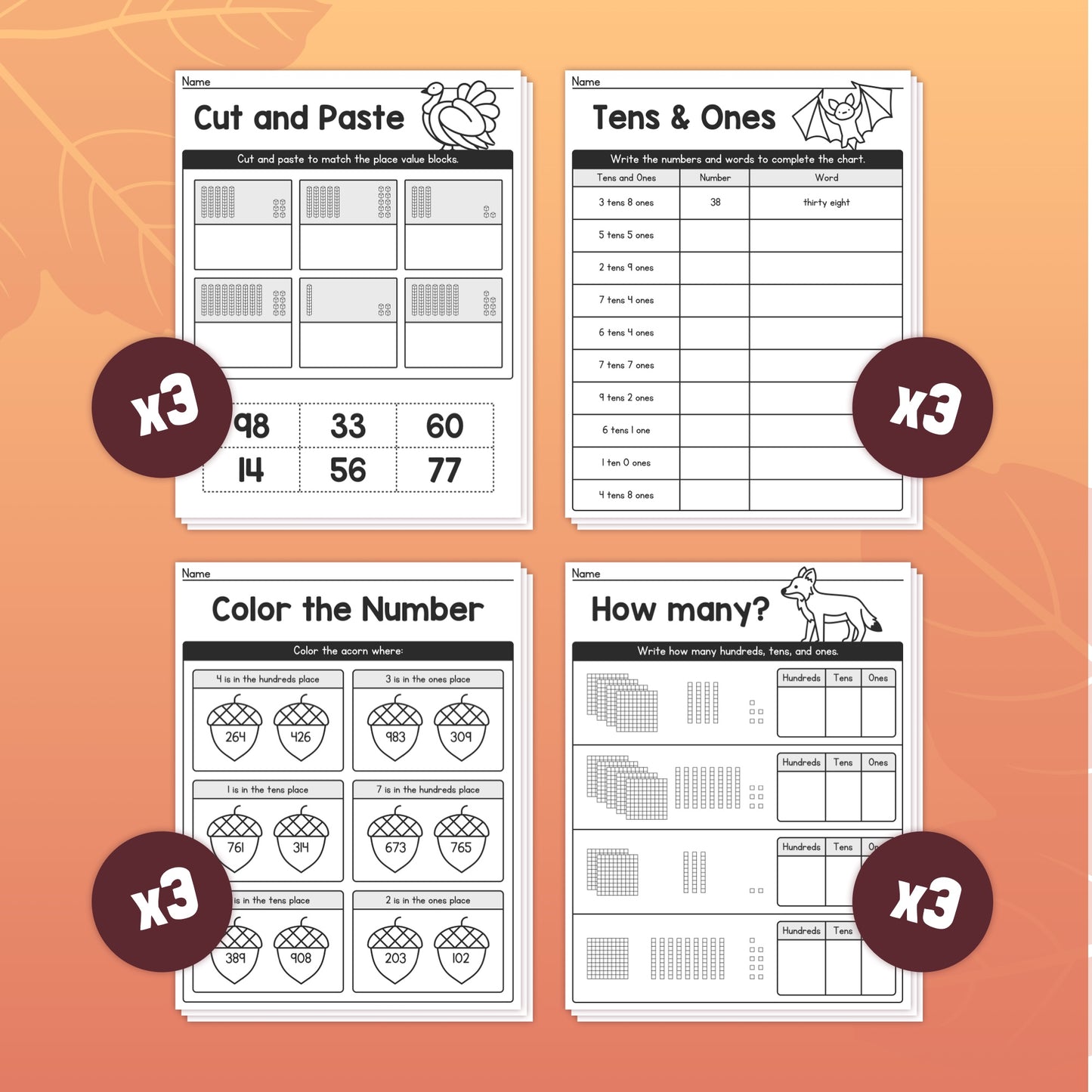 No prep fall place value worksheets