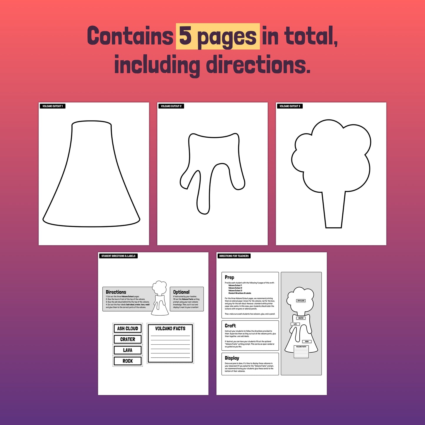 Volcano craft set with 5 pages, detailed outlines, and step-by-step directions.