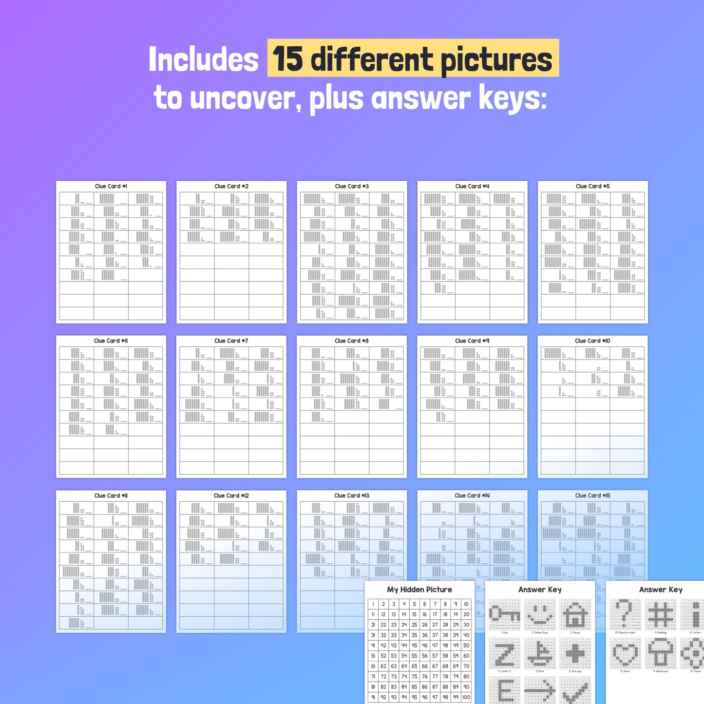 Place Value Hidden Picture Worksheets showing grid of 15 puzzle cards and one hidden picture card with nine answer key images.