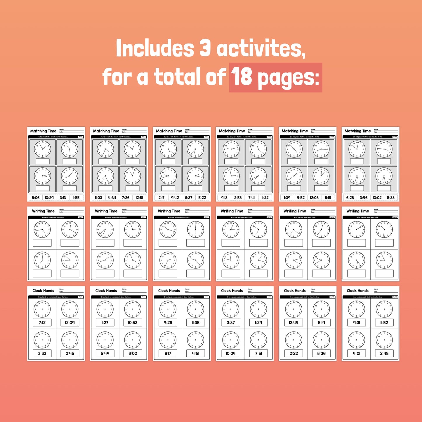 Worksheets for telling time to 1 minute. Includes clocks and 3 activities over 18 pages.