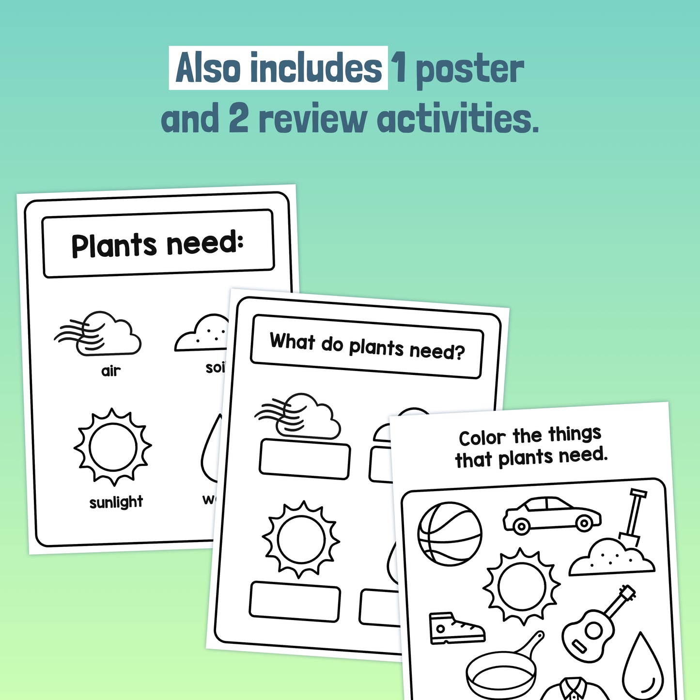 Mini unit with three activity sheets on plant needs and related coloring activities.