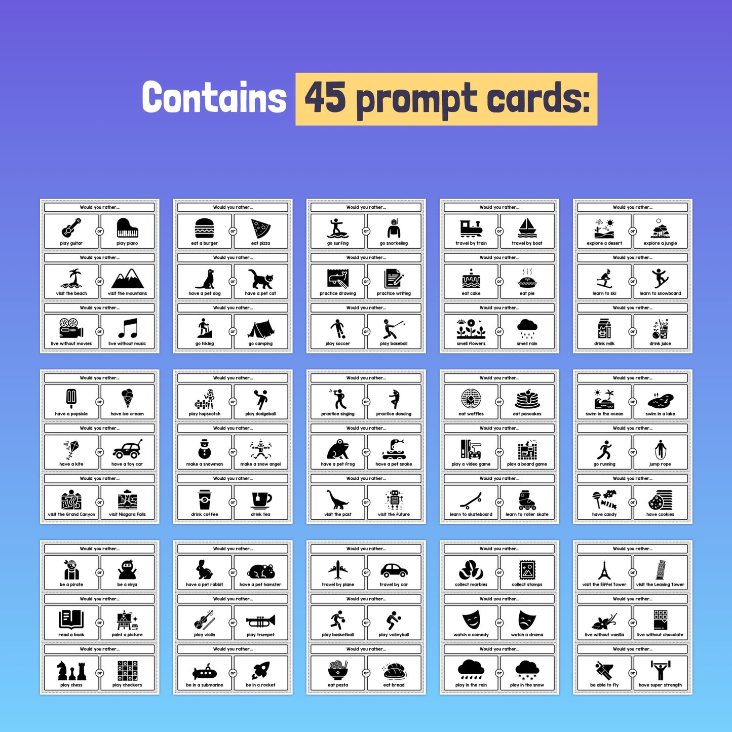 A grid of 45 "Would you Rather? Writing Prompts" cards.