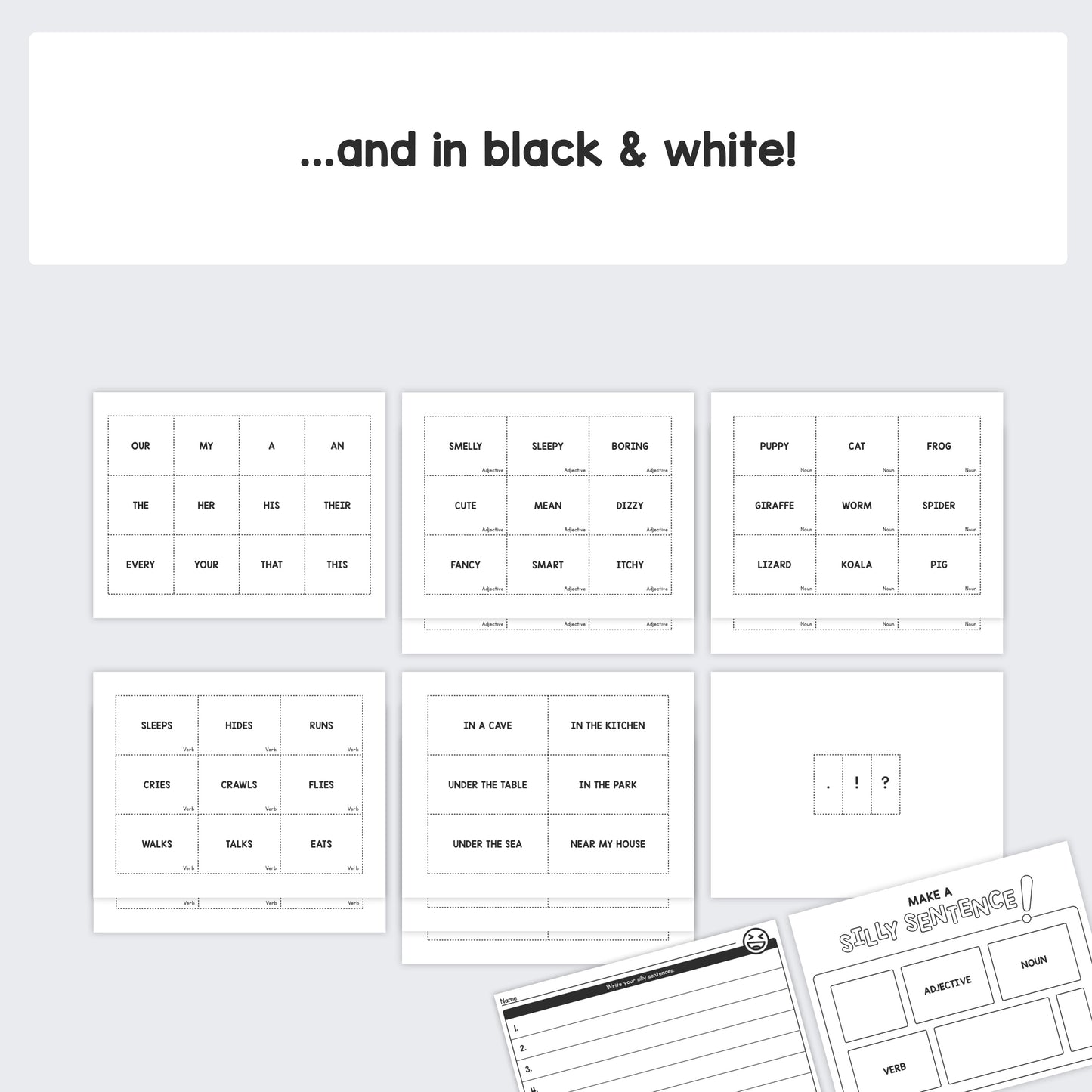 Black-and-white printable worksheets with word cards and fill-in-the-blank exercises.