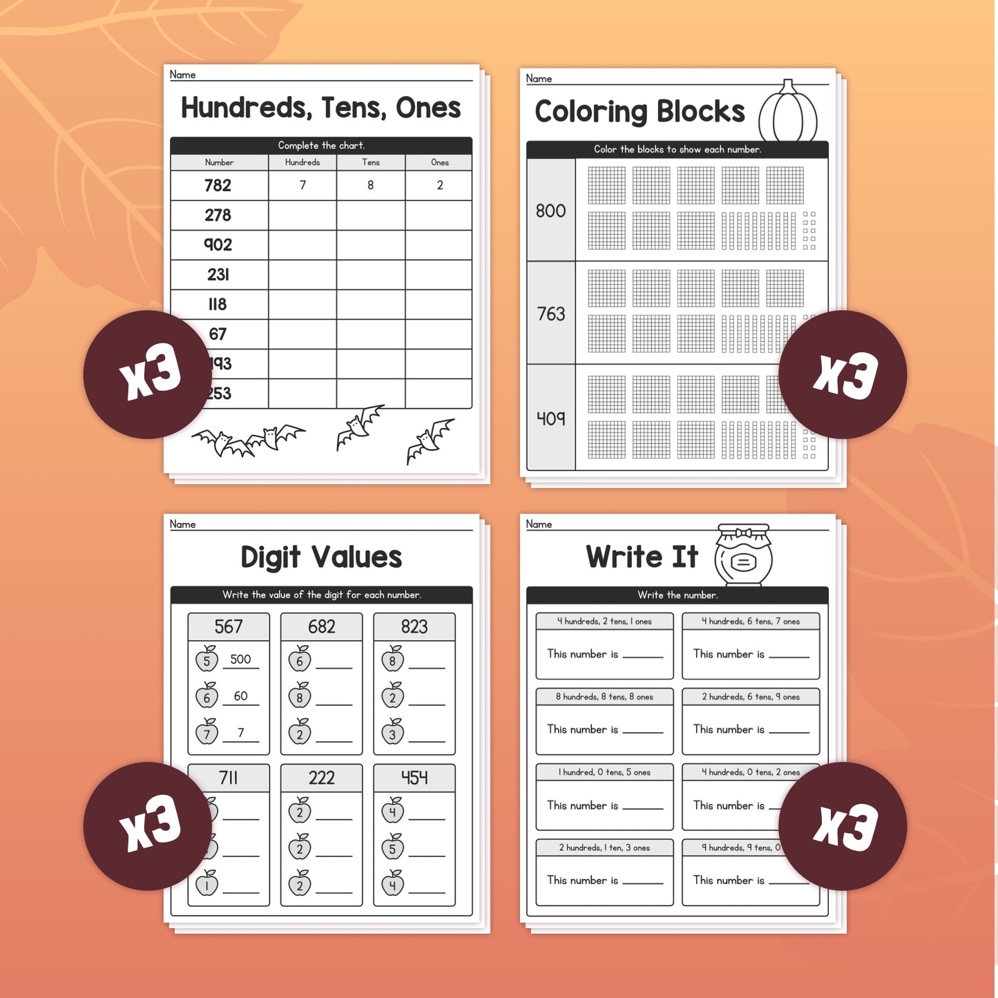 Printable place value activities: hundreds, tens, ones
