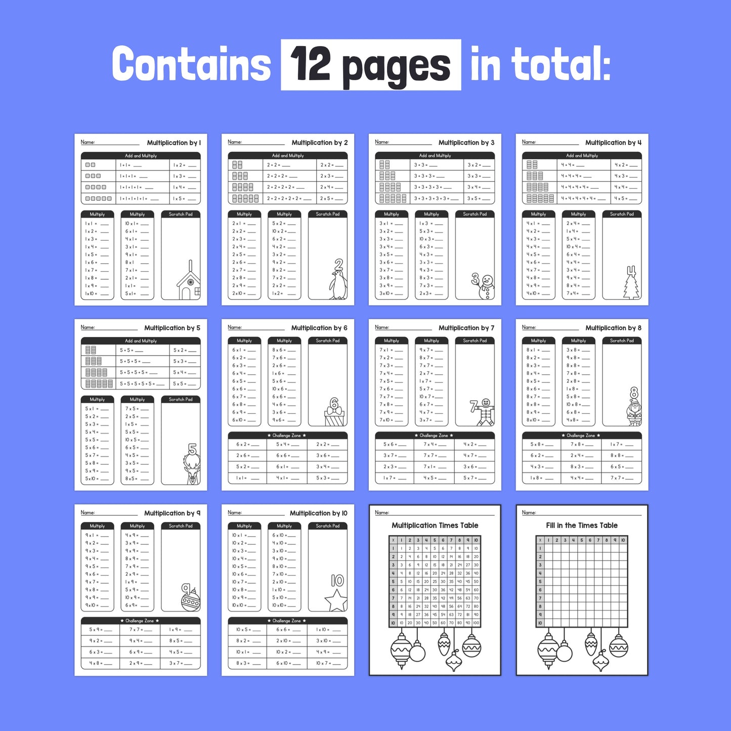 Image showing 12 pages of times tables worksheets for winter.
