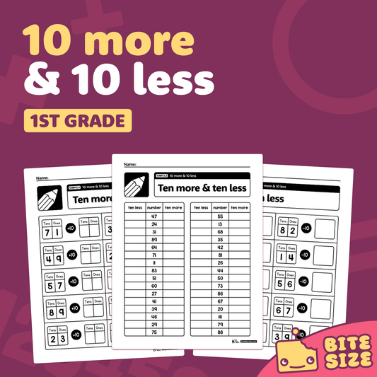 Math worksheets with ten more and ten less number exercises.