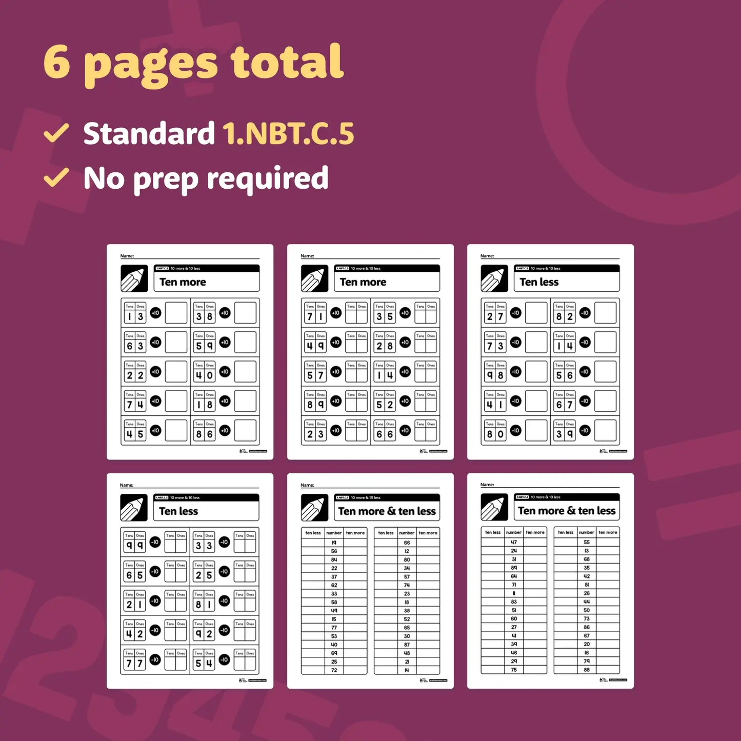 PDF worksheets for teaching adding and subtracting 10.