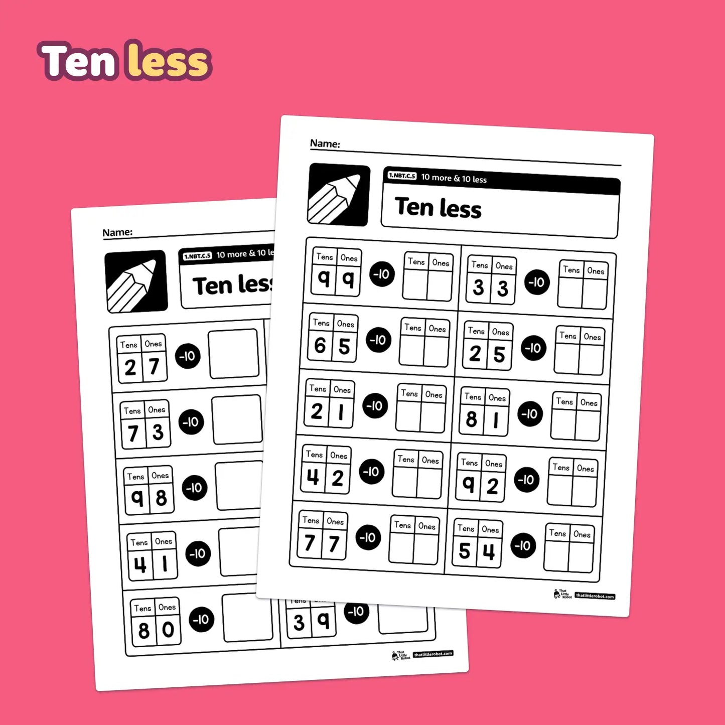 Printable PDF with 10 More & 10 Less worksheets for grade 1 math.