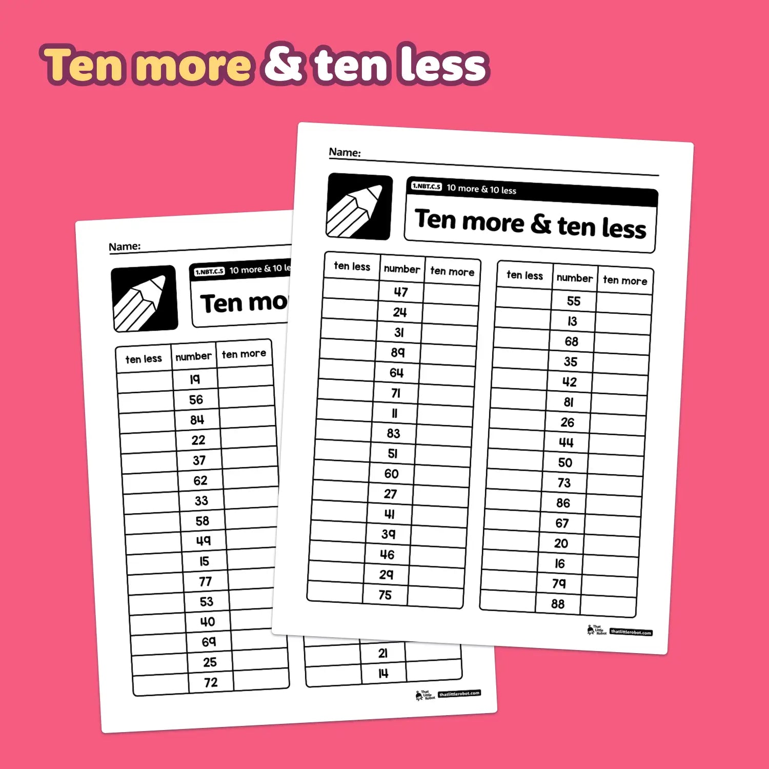 Two worksheets labeled "10 More & 10 Less Worksheets | 1.NBT.C.5".