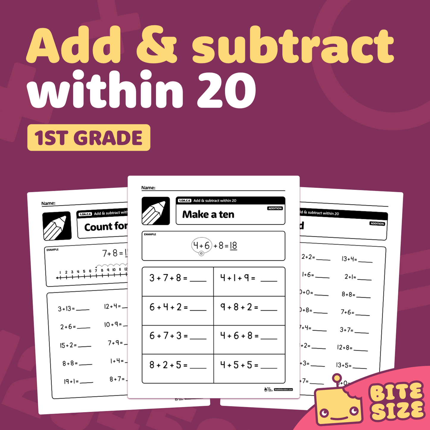 Worksheets with addition and subtraction problems; "Bite Size" logo displayed.