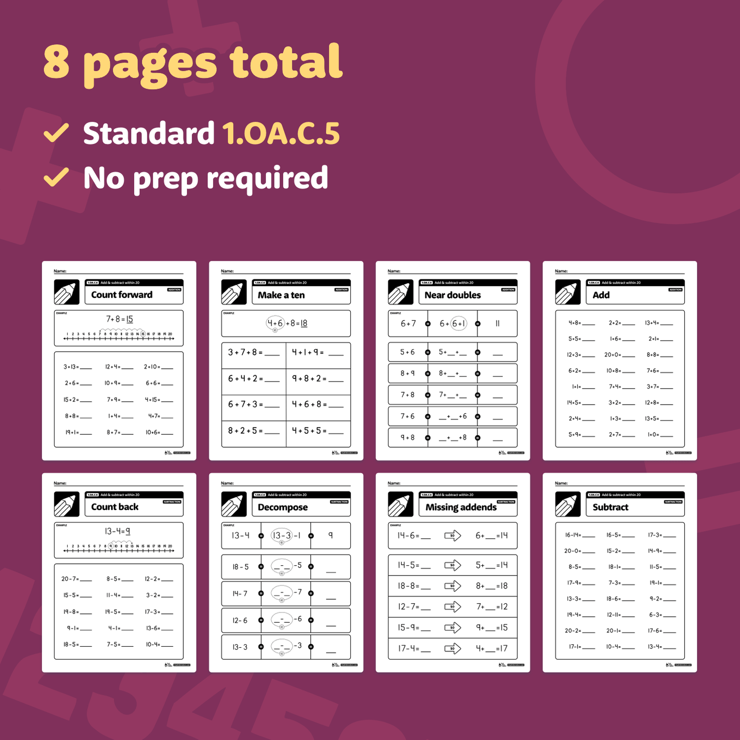 Add & Subtract Within 20 Worksheets | 1.OA.C.6