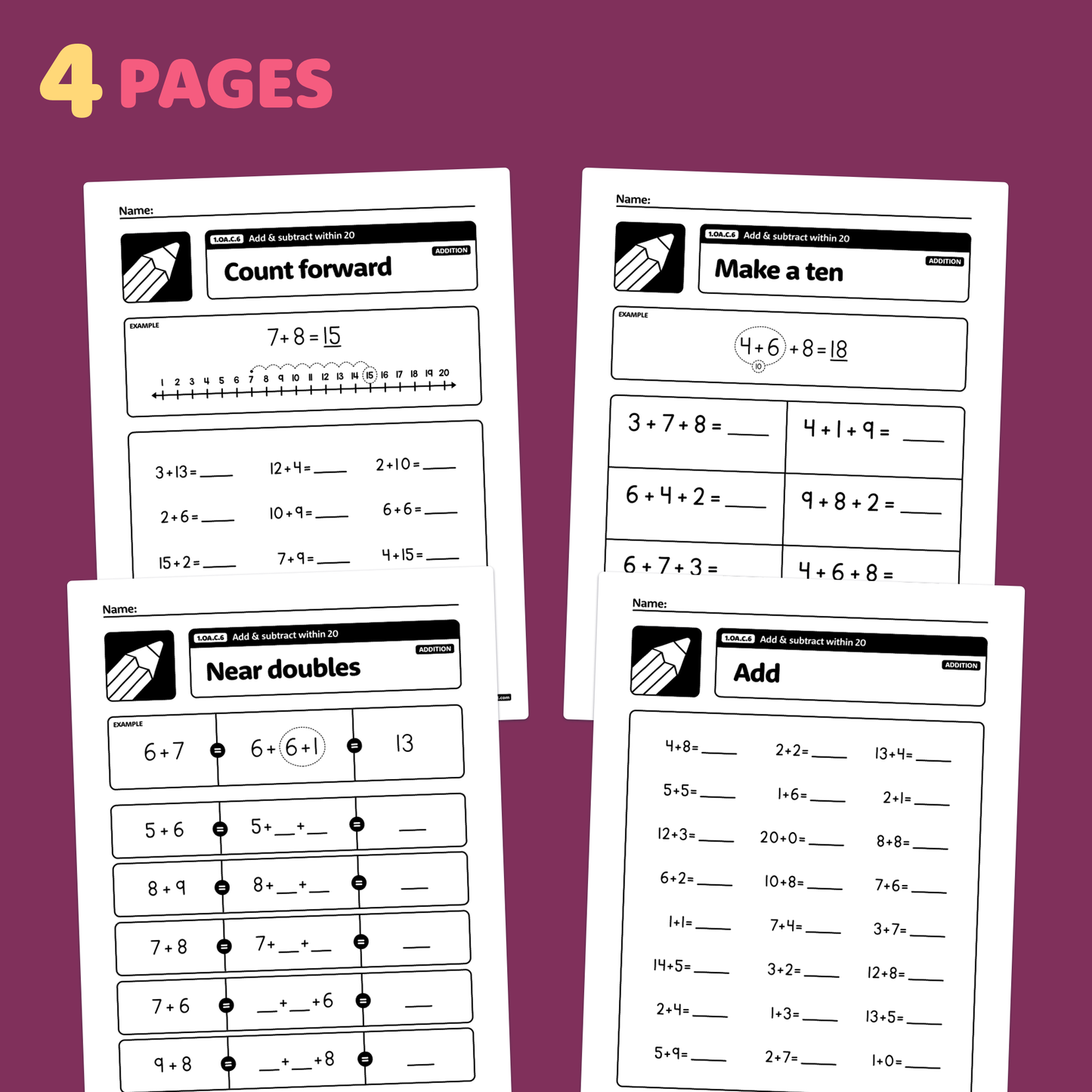 Four worksheet pages with addition and subtraction problems within 20.
