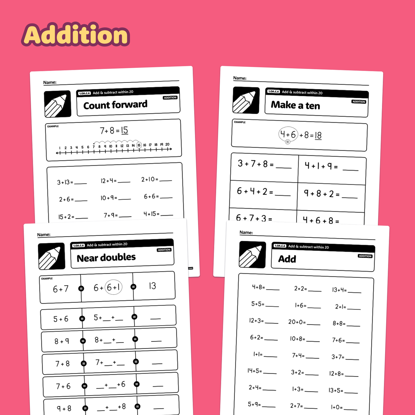 Printable math worksheets with add and subtract problems within 20 for kids.