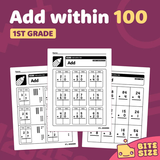 1st-grade math worksheets for adding numbers within 100 (1.NBT.C.4).