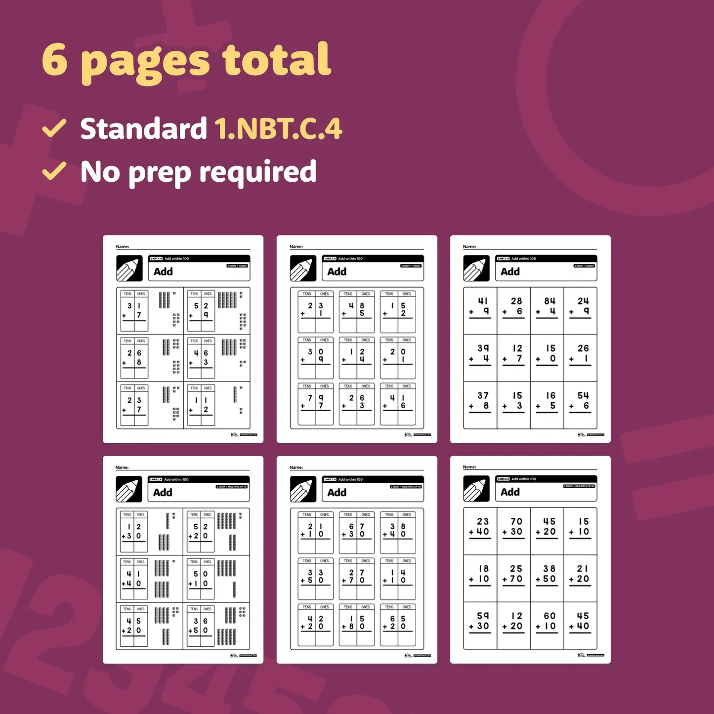 Six pages of worksheets with addition problems within 100.