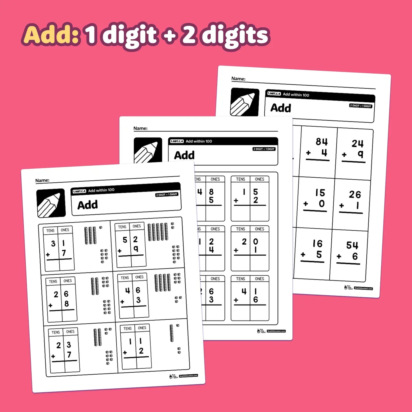 Worksheets for adding numbers within 100 (1.NBT.C.4 standard).