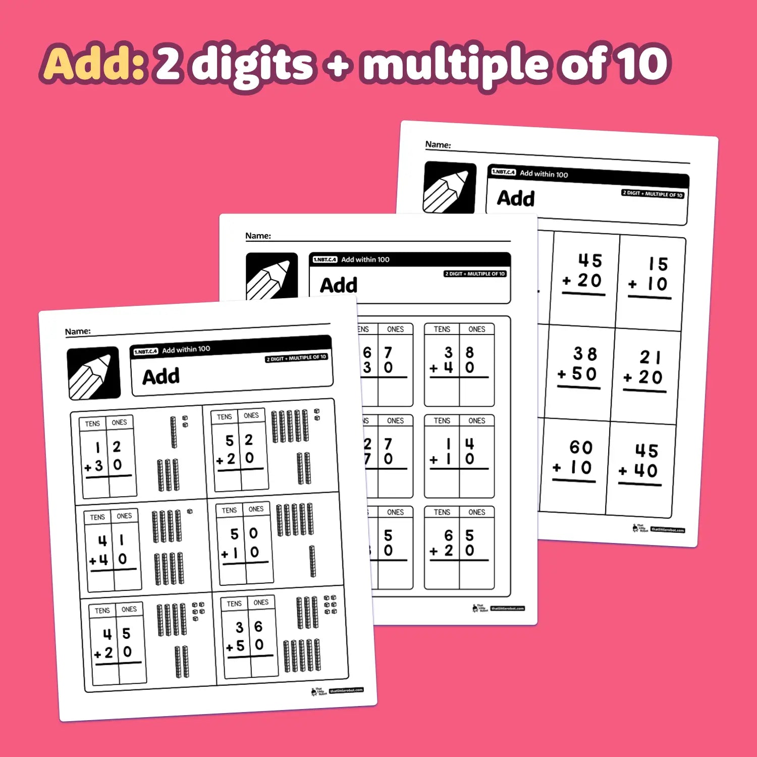 Three math worksheets for adding within 100, labeled 1.NBT.C.4.