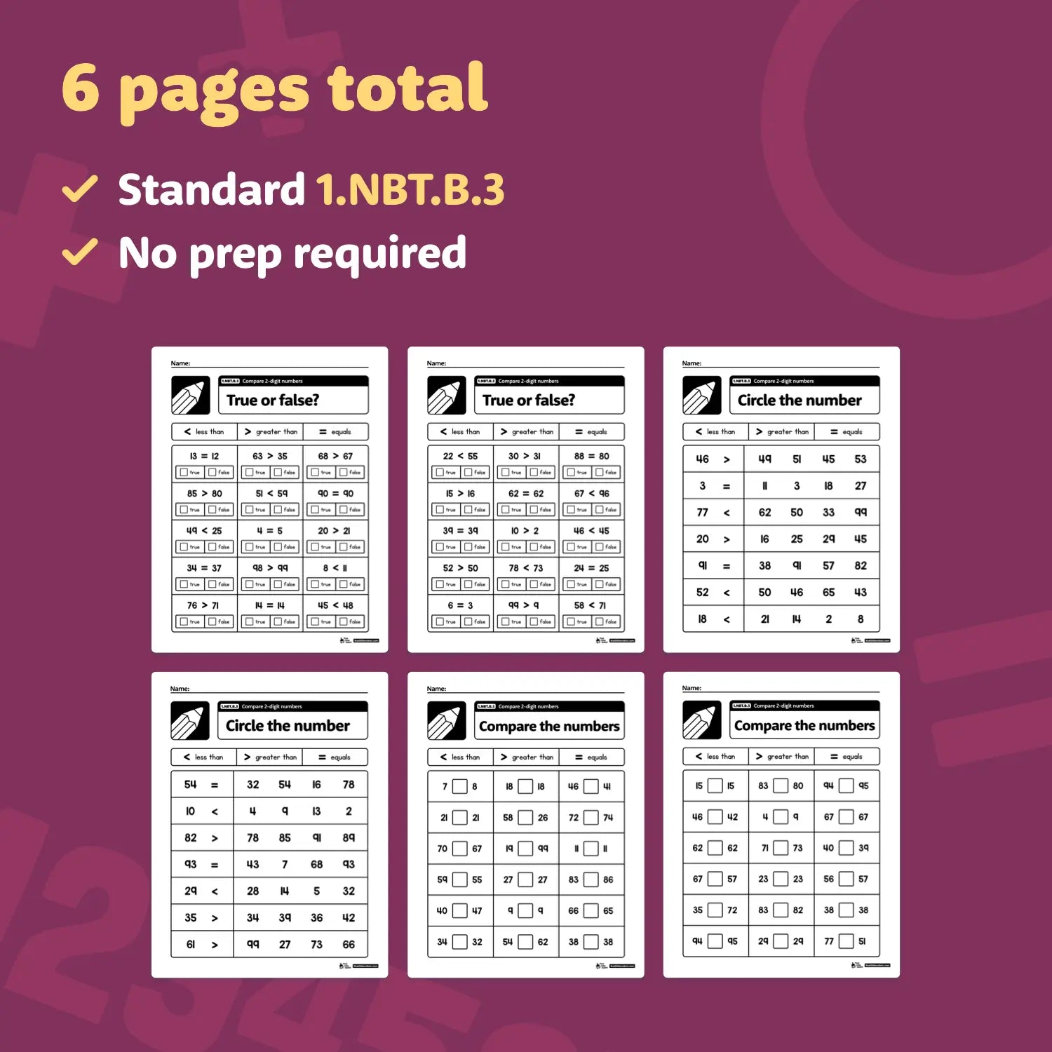 2-digit number comparison worksheets, six pages included.