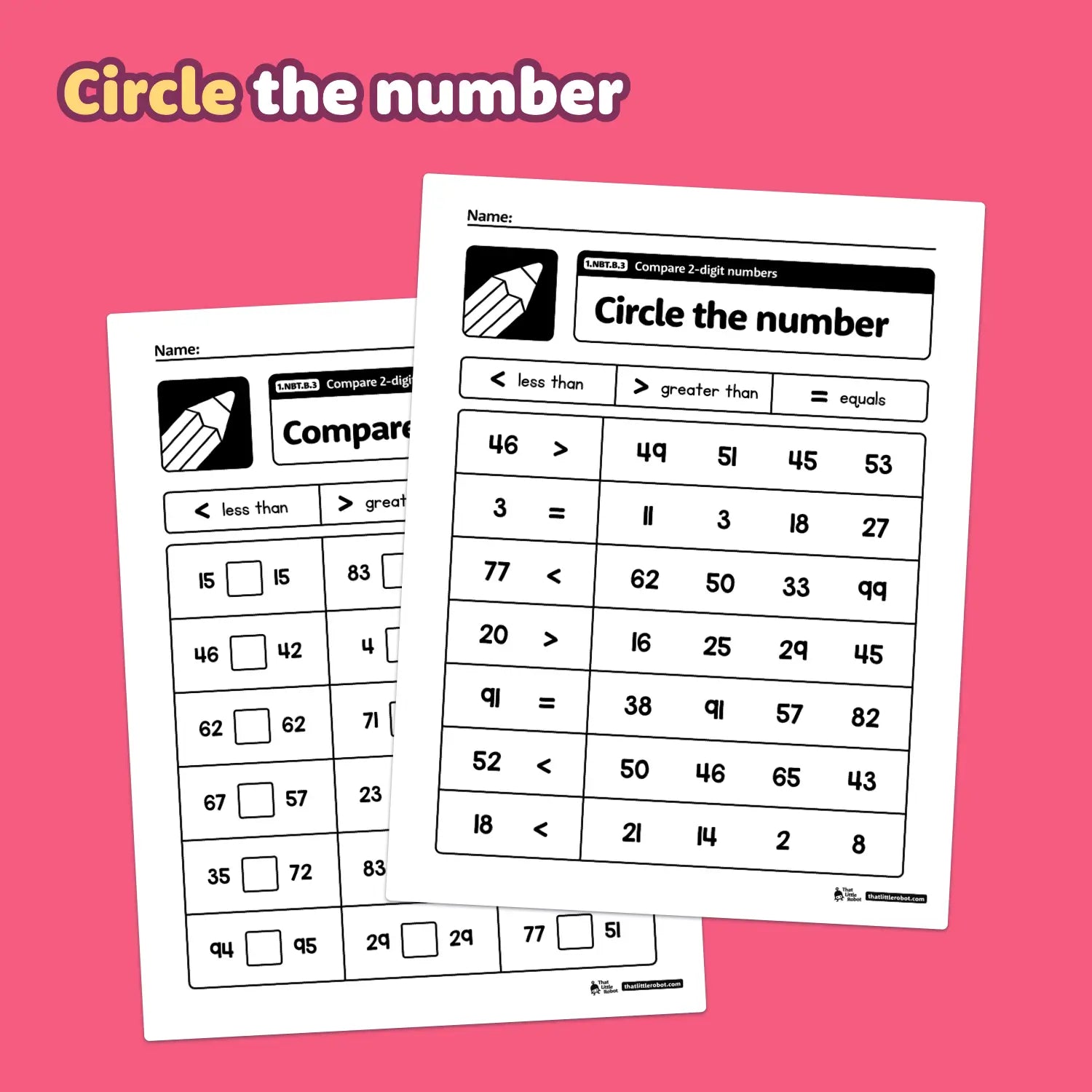 Two worksheets comparing two-digit numbers.